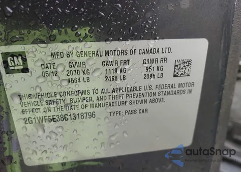 2012 Chevrolet Impala Ls z USA, uszkodzony, nr VIN 2G1WF5E38C1318796